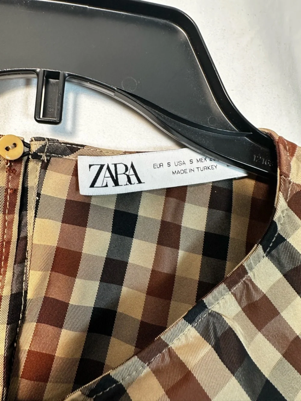 Zara Checked Puff-Sleeve V-Neck Blouse in Brown